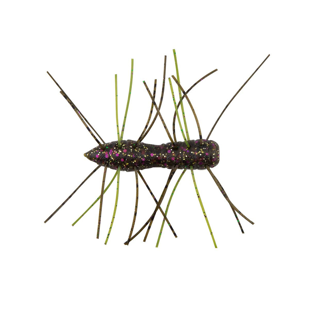 Fuzzy bug toy with dark body and purple speckles; green and black legs