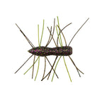 Fuzzy bug toy with dark body and purple speckles; green and black legs