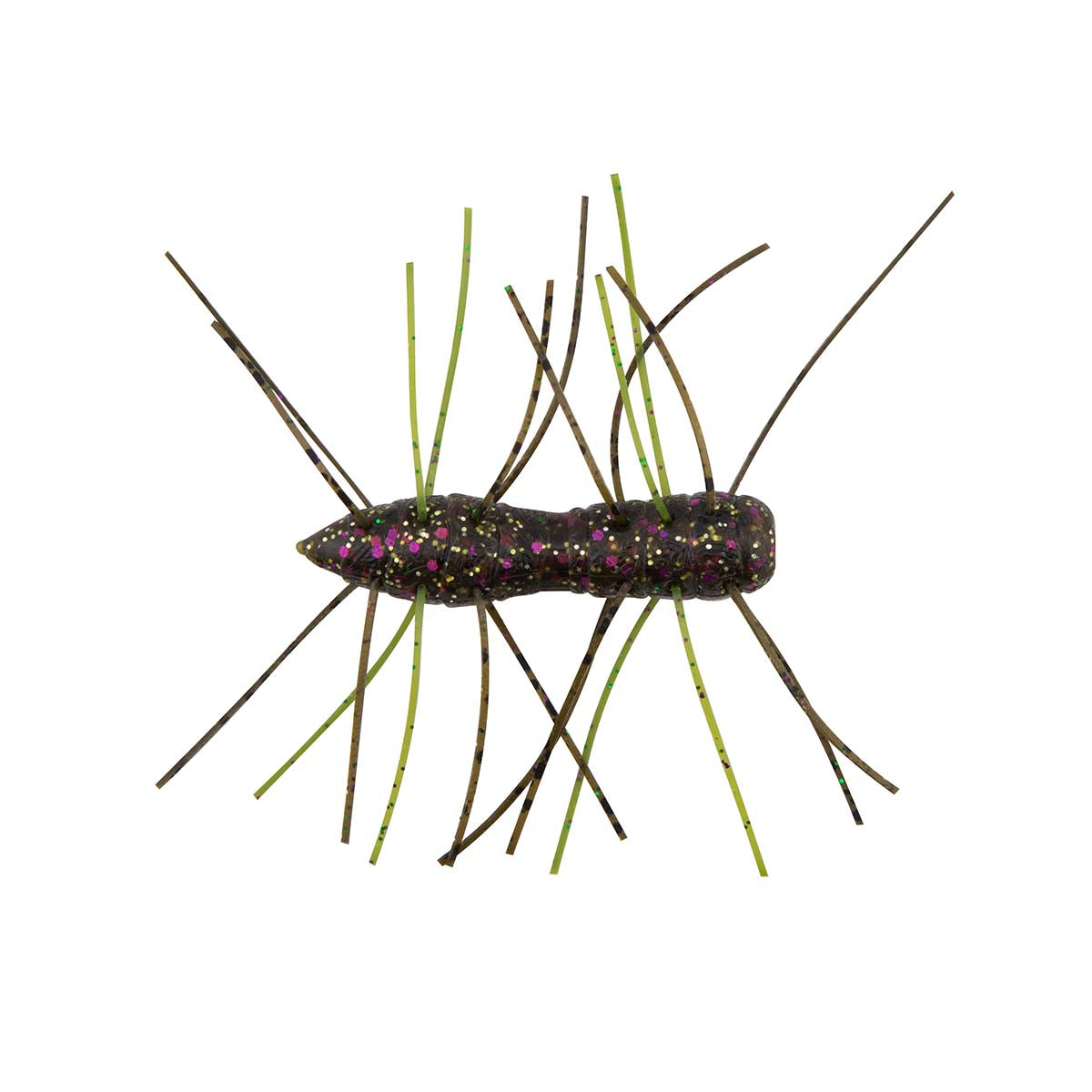 Fuzzy bug toy with dark body and purple speckles; green and black legs