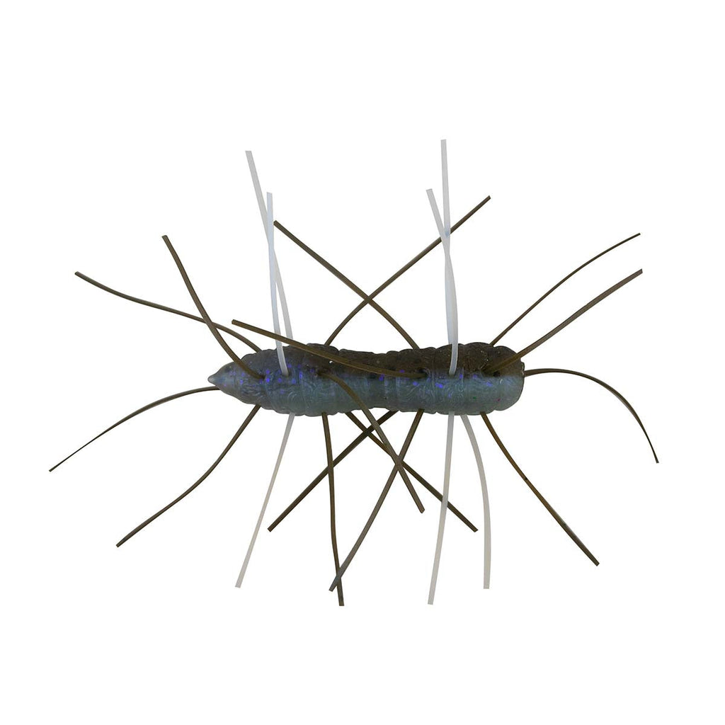 Fuzzy bug toy with blue body and mixed dark and light gray legs