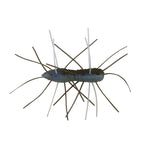 Fuzzy bug toy with blue body and mixed dark and light gray legs