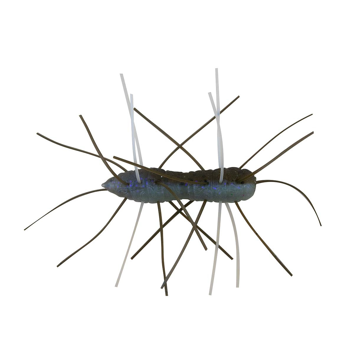 Fuzzy bug toy with blue body and mixed dark and light gray legs