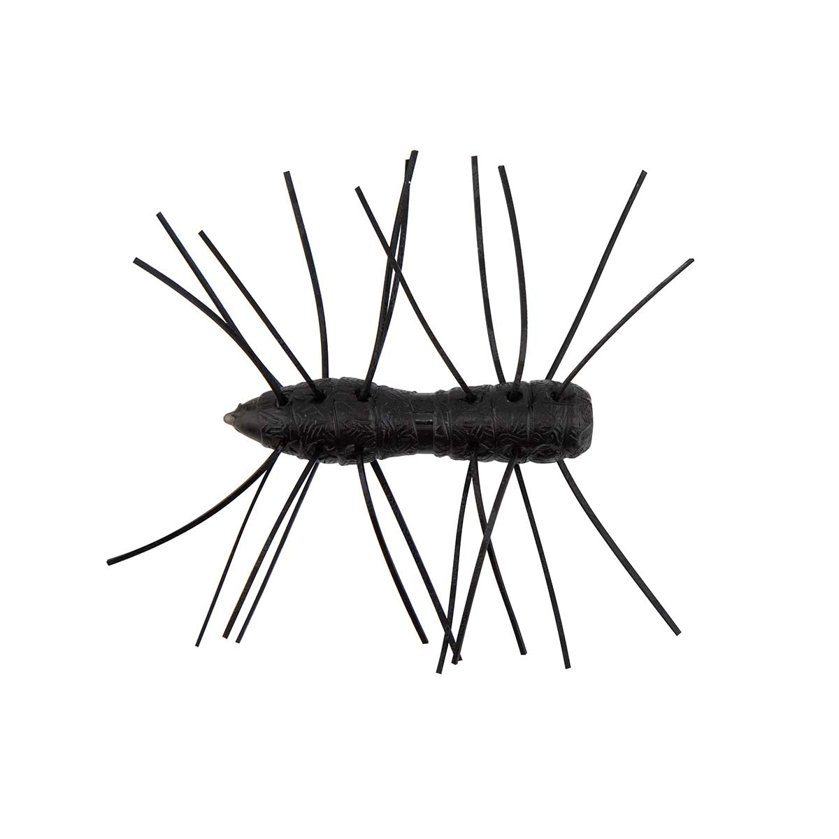Fuzzy bug toy with dark black body and long black legs