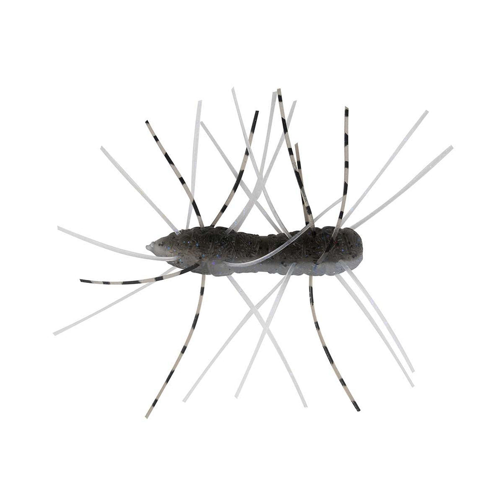 Fuzzy bug toy with dark gray body and thin black-and-white legs