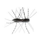 Fuzzy bug toy with dark gray body and thin black-and-white legs