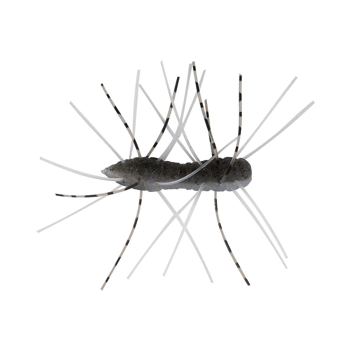 Fuzzy bug toy with dark gray body and thin black-and-white legs