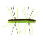 Fuzzy soft fishing bait with neon green body and mixed dark and lime strands