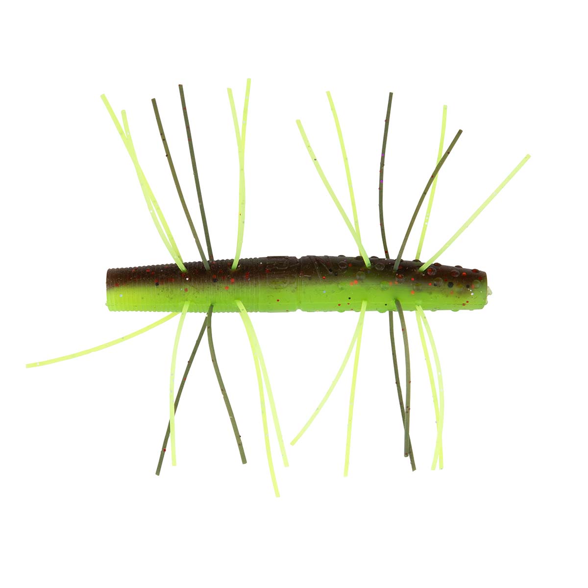 Fuzzy soft fishing bait with neon green body and mixed dark and lime strands