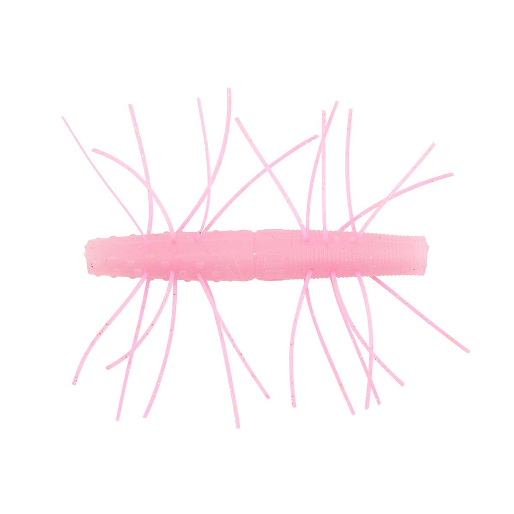 Fuzzy soft fishing bait with pink body and translucent pink and dark hair strands