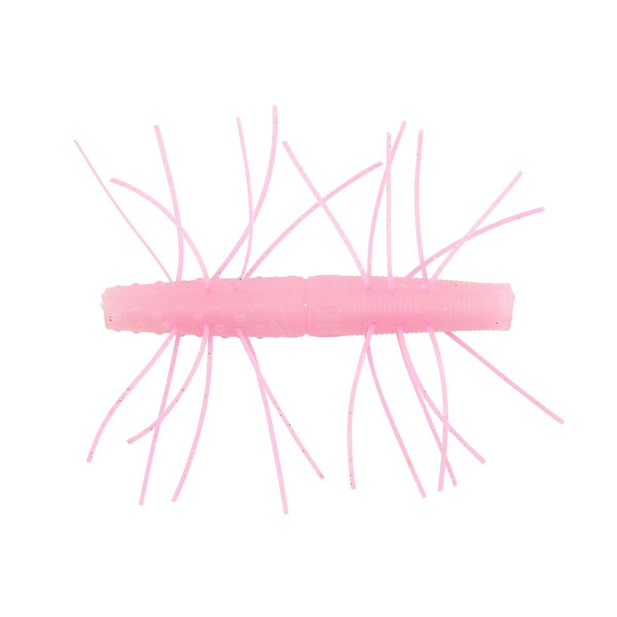 Fuzzy soft fishing bait with pink body and translucent pink and dark hair strands