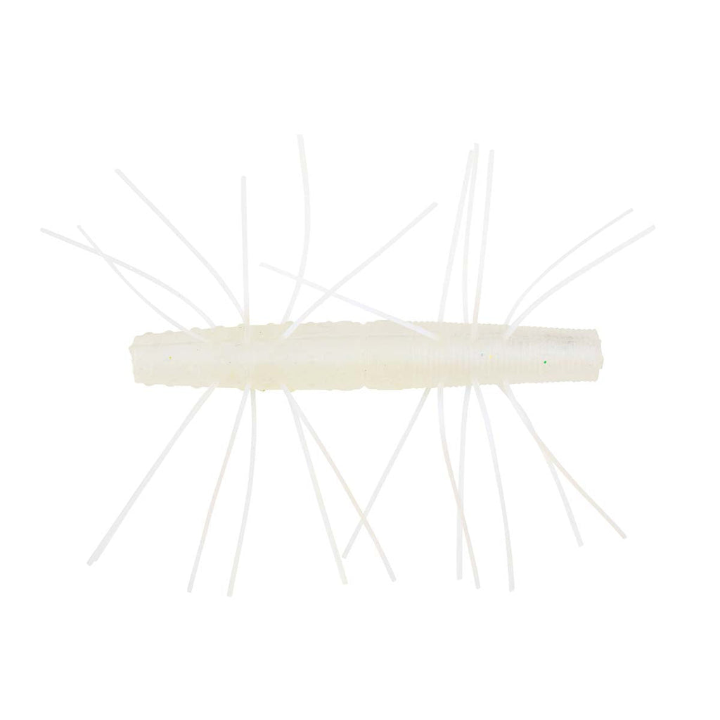 Fuzzy soft fishing bait with pale cream body and translucent white hair strands