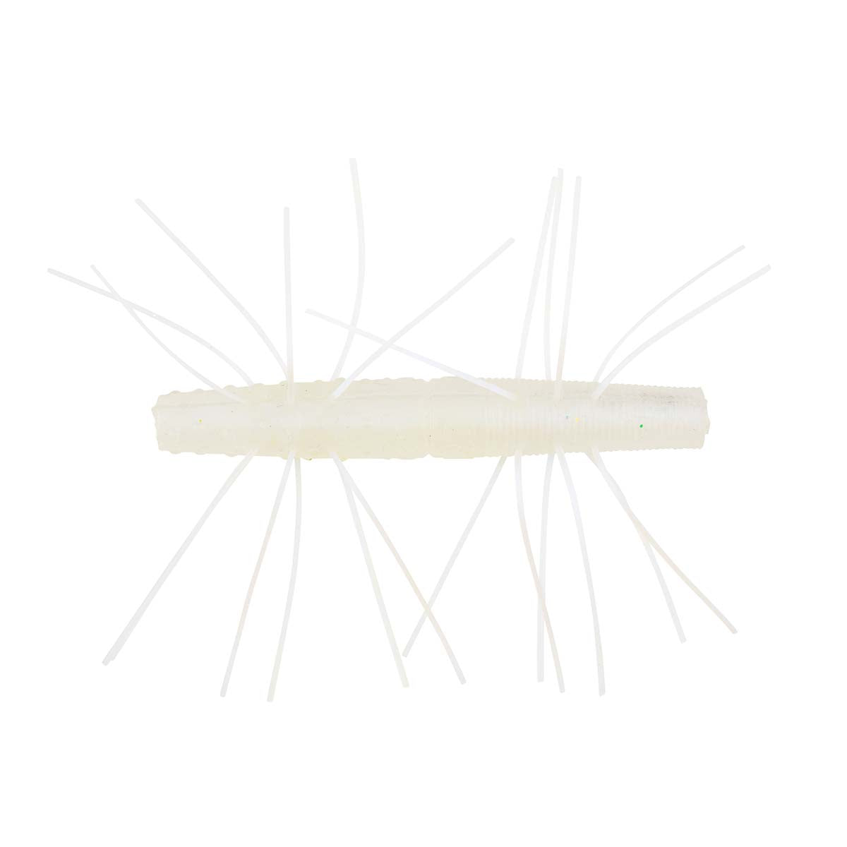 Fuzzy soft fishing bait with pale cream body and translucent white hair strands