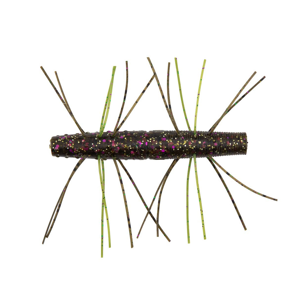 Fuzzy soft fishing bait with dark speckled body and green and purple hair strands