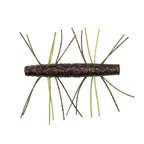 Fuzzy soft fishing bait with dark speckled body and green and purple hair strands