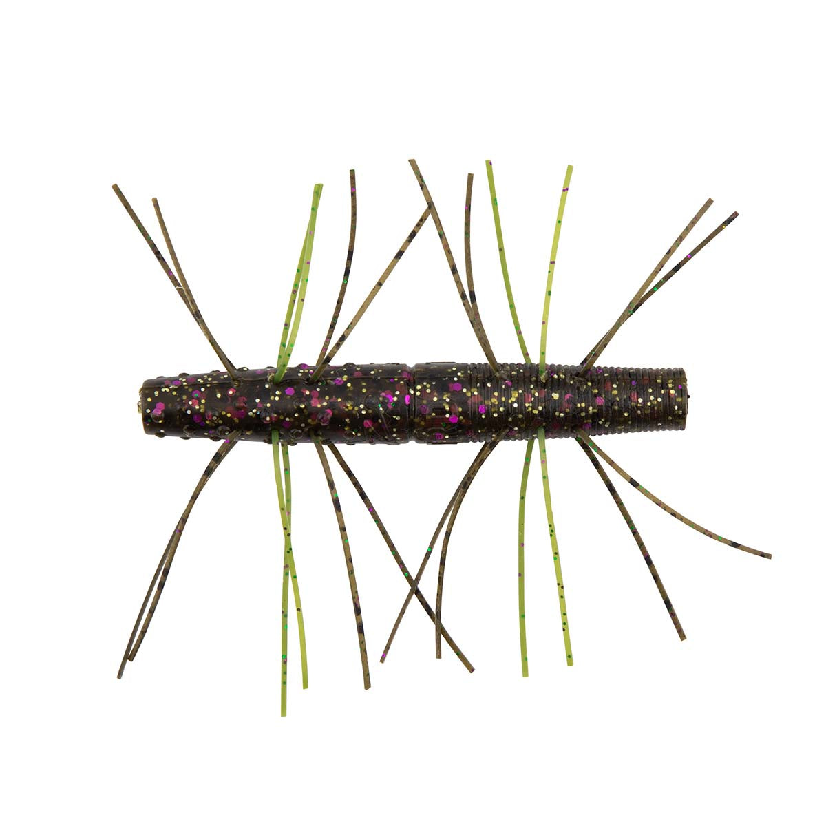 Fuzzy soft fishing bait with dark speckled body and green and purple hair strands