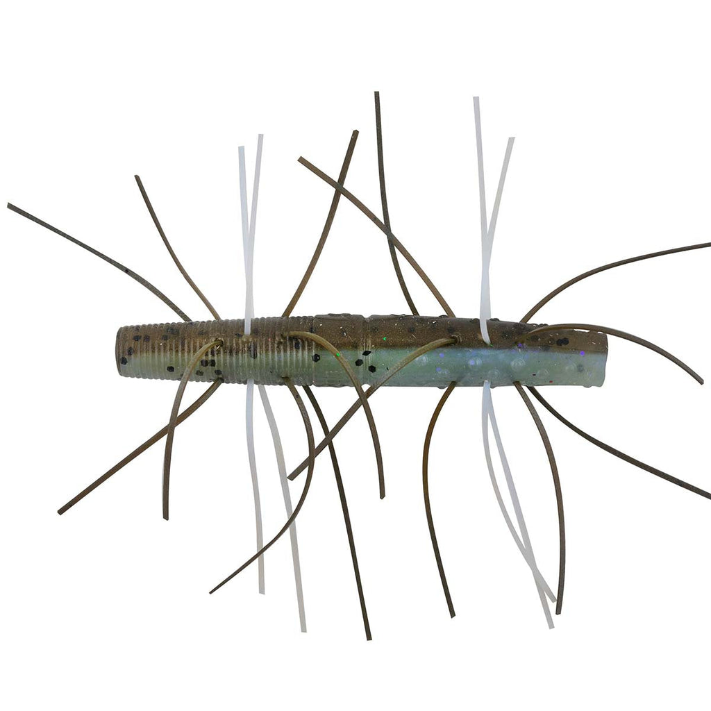 Fuzzy soft fishing bait with olive and blue body and mixed dark and white hair strands