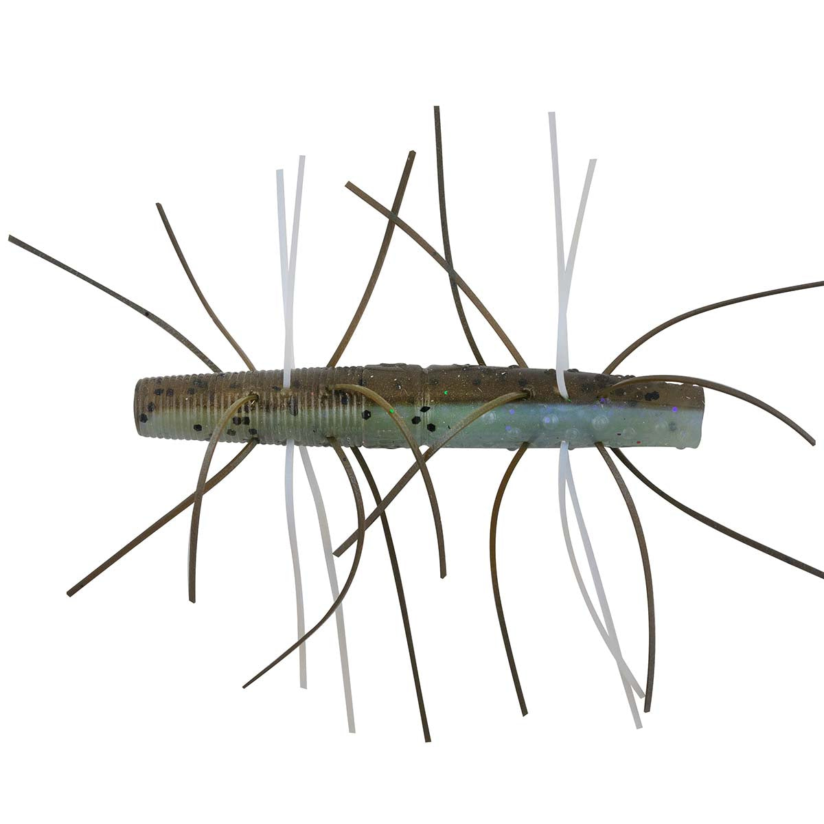 Fuzzy soft fishing bait with olive and blue body and mixed dark and white hair strands
