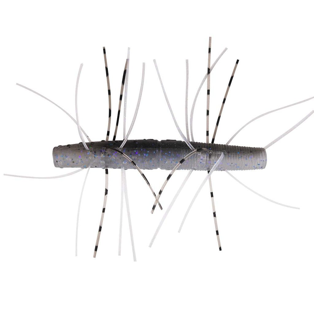 Fuzzy soft fishing bait with blue speckled body and black and white hair strands