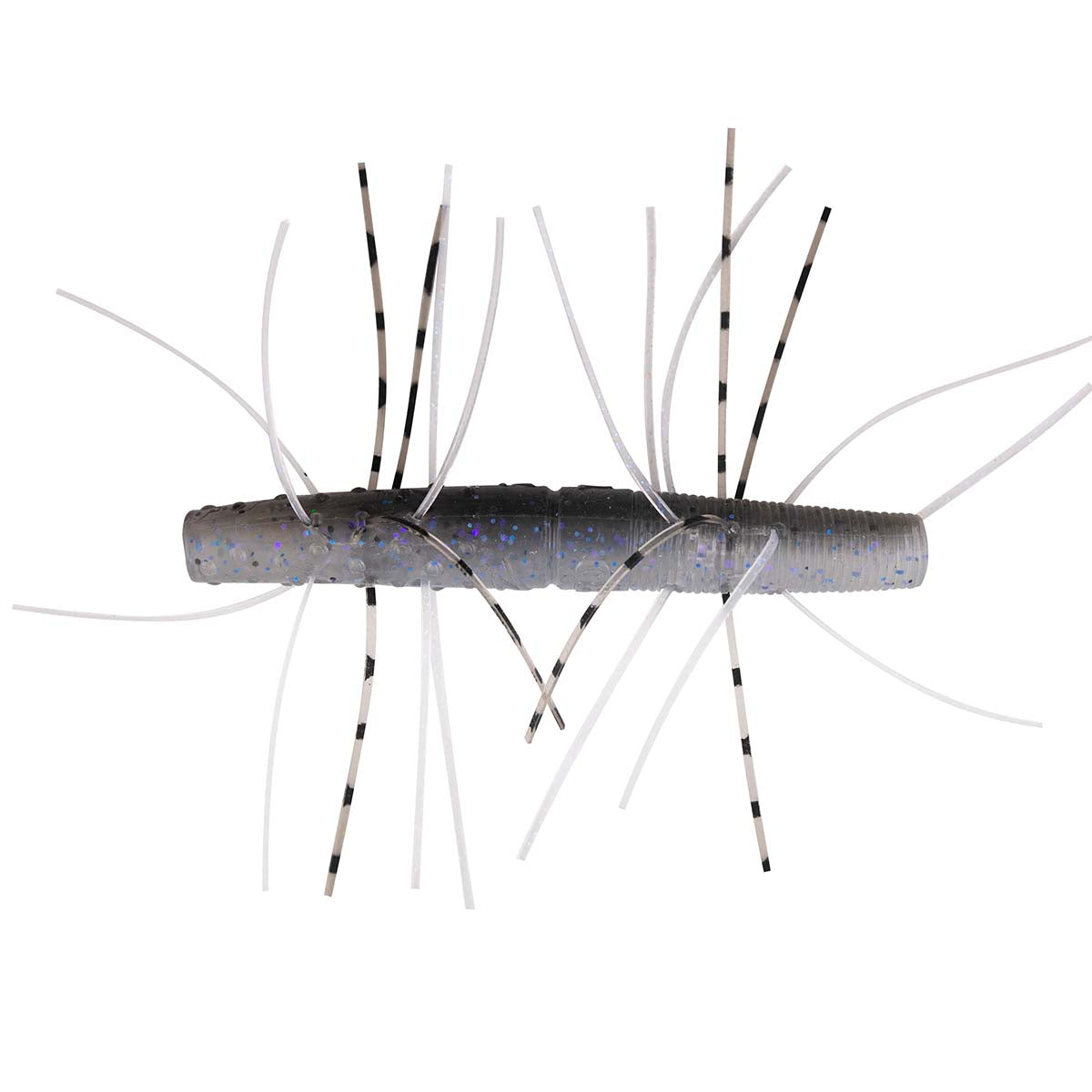 Fuzzy soft fishing bait with blue speckled body and black and white hair strands