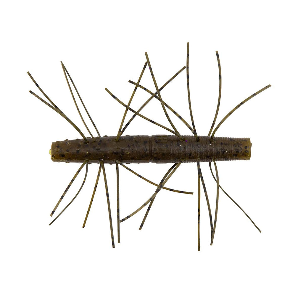 Fuzzy soft fishing bait with dark brown body and tangled black hair strands