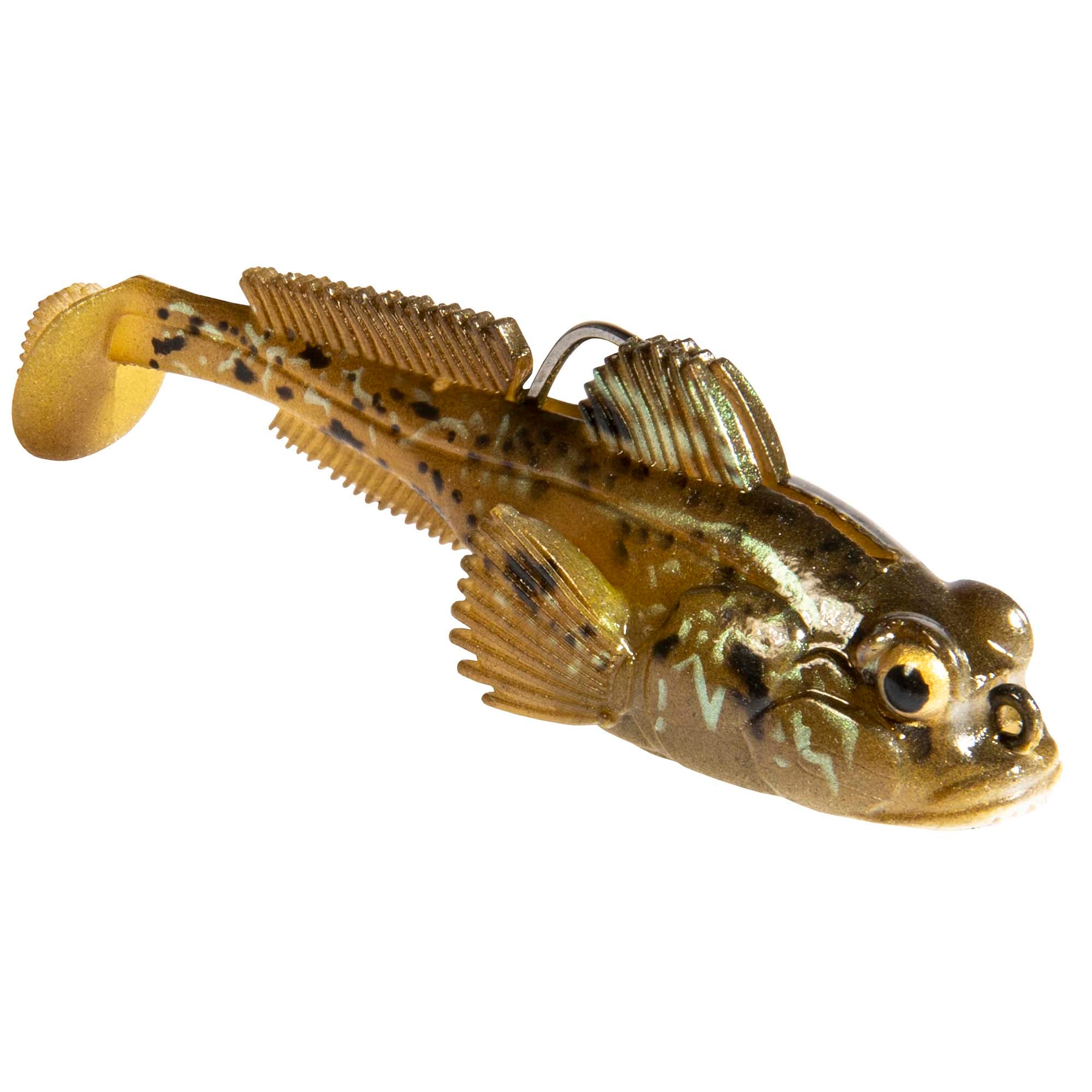 Soft plastic fish lure in brown and olive with dark speckles and ribbed fins