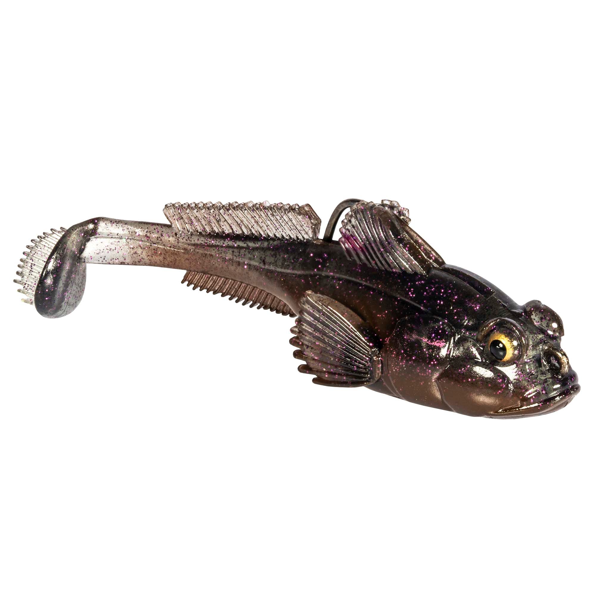 Dark purple and black soft plastic fish lure with glitter specks and ribbed fins