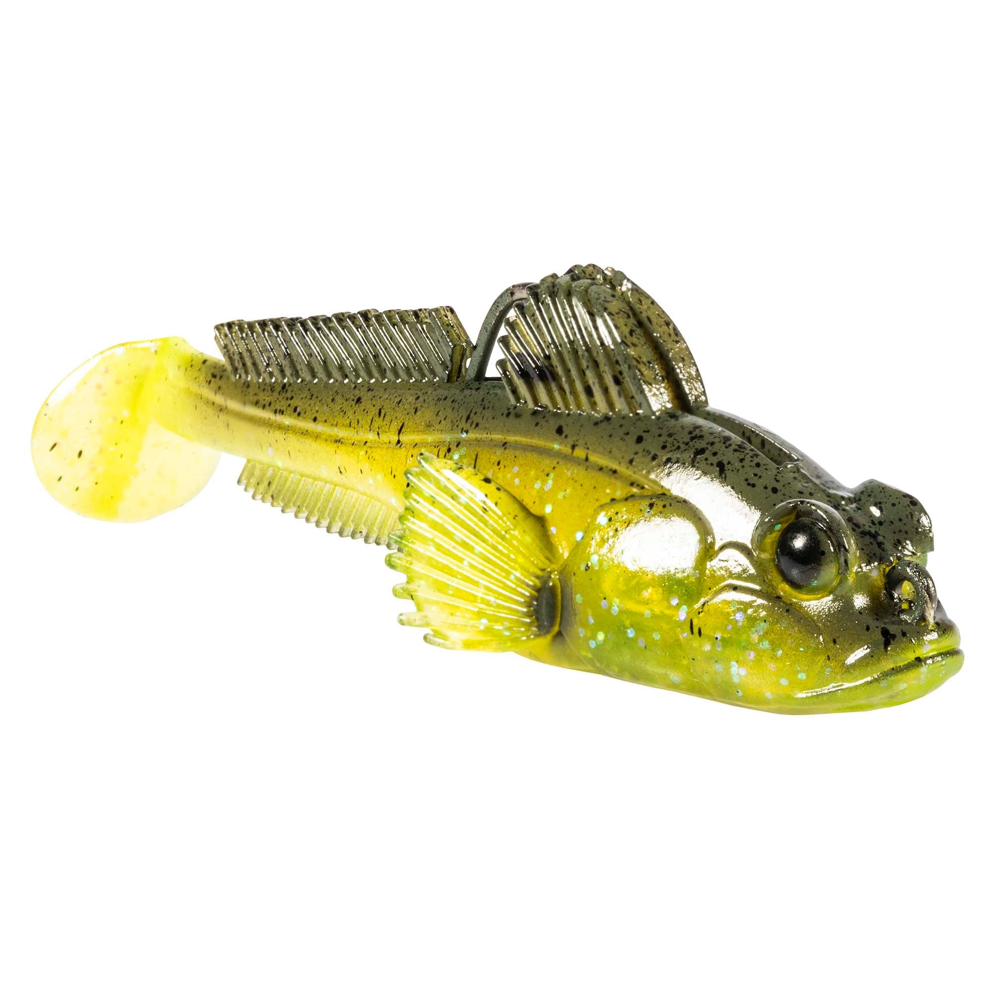 Soft plastic fish lure in chartreuse green with yellow belly and speckled pattern