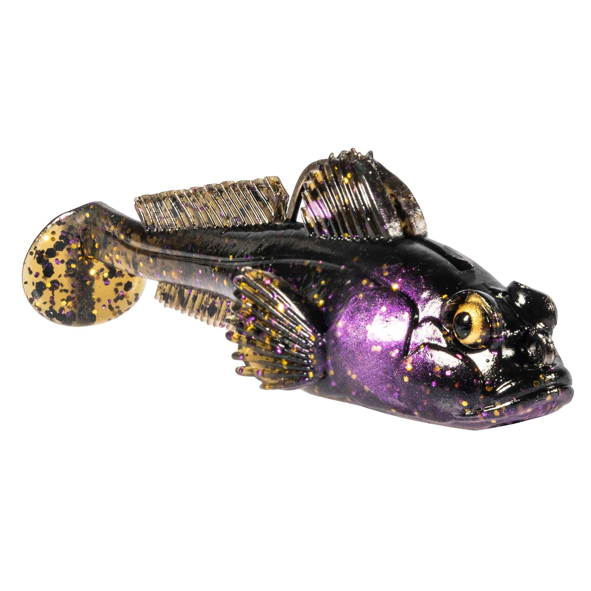 Soft plastic fish lure in black with purple glitter, gold spots, and ribbed fins