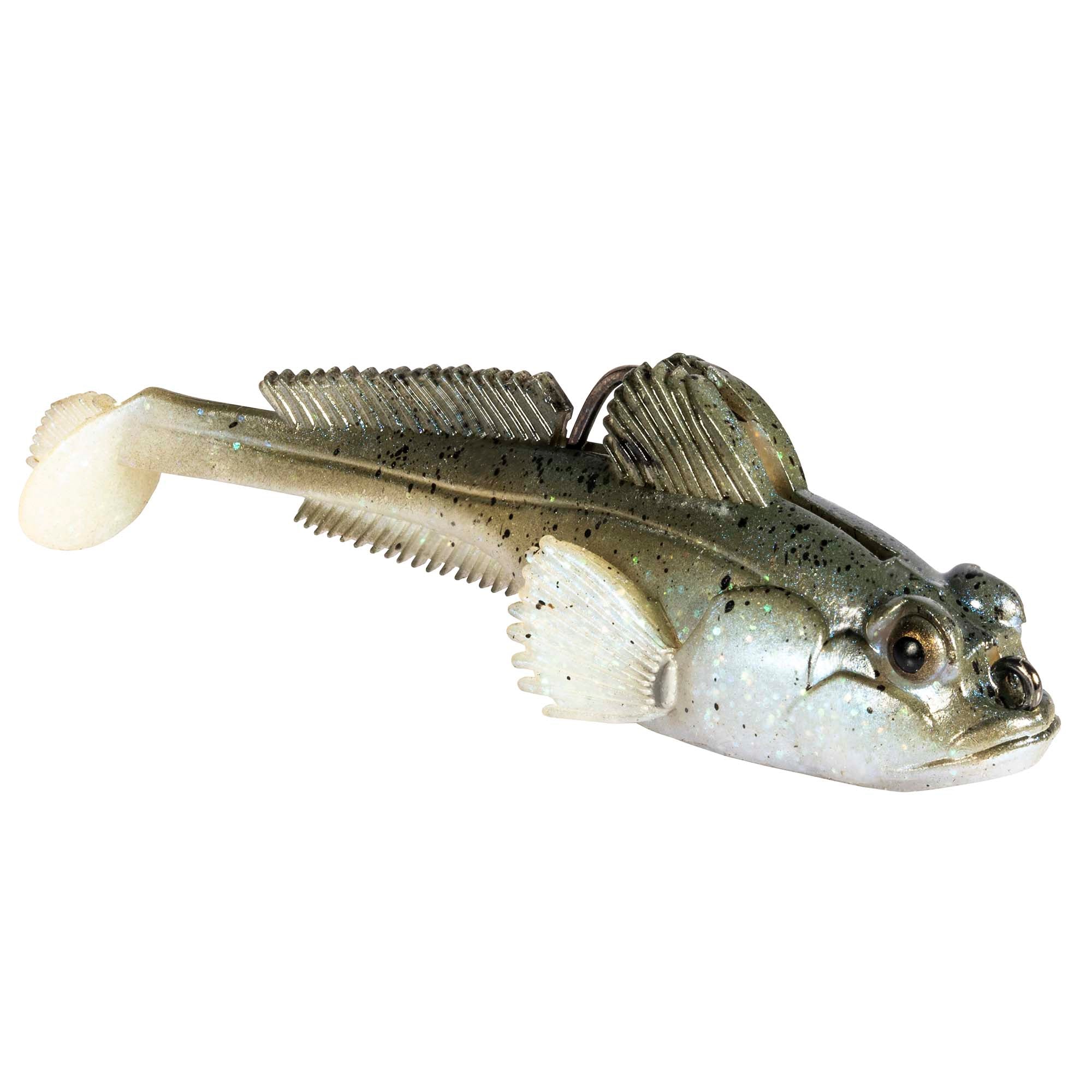 Soft plastic fish lure in white with gray speckles, olive head, and ribbed fins
