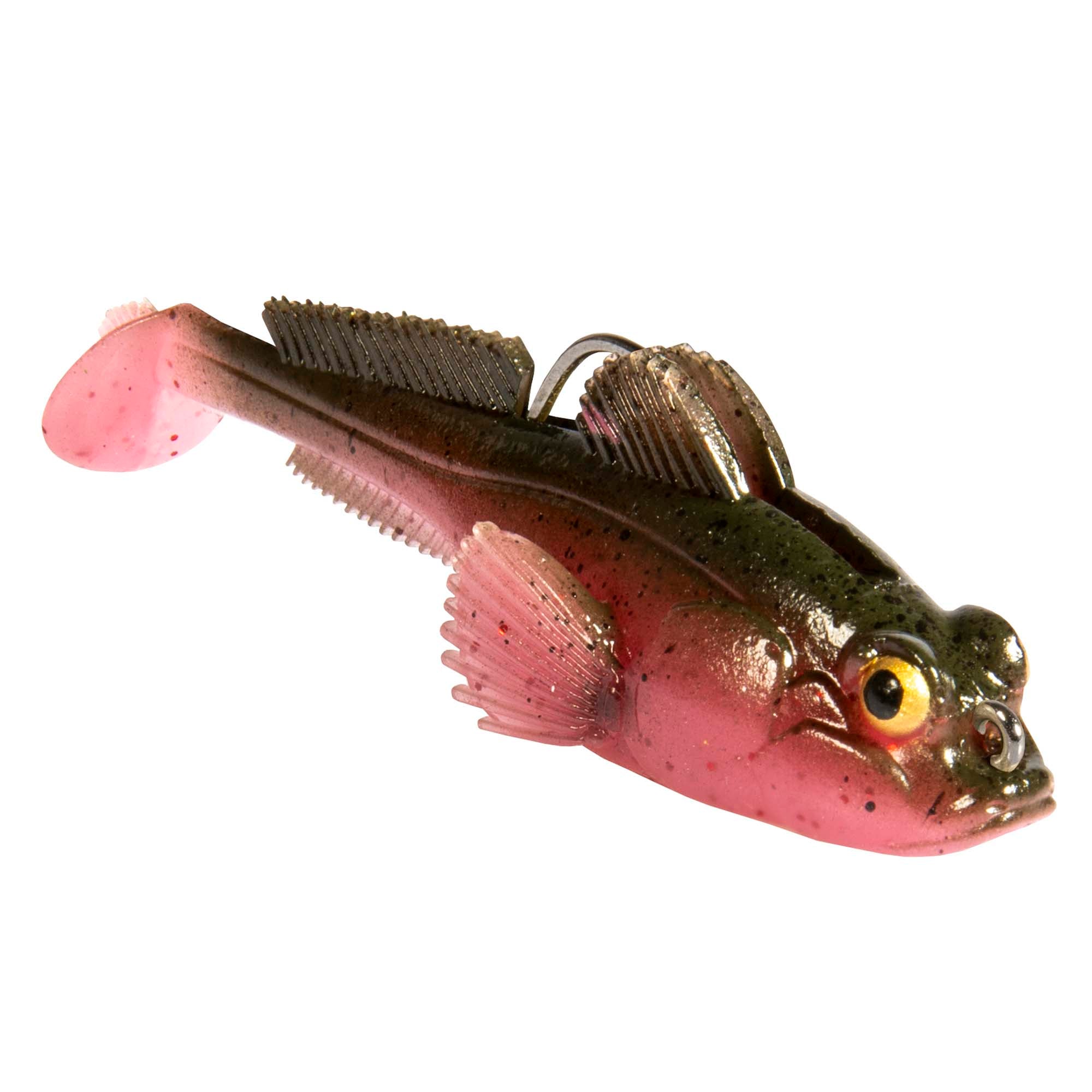 Dark green and pink soft plastic fish lure with speckled fins and lifelike eyes