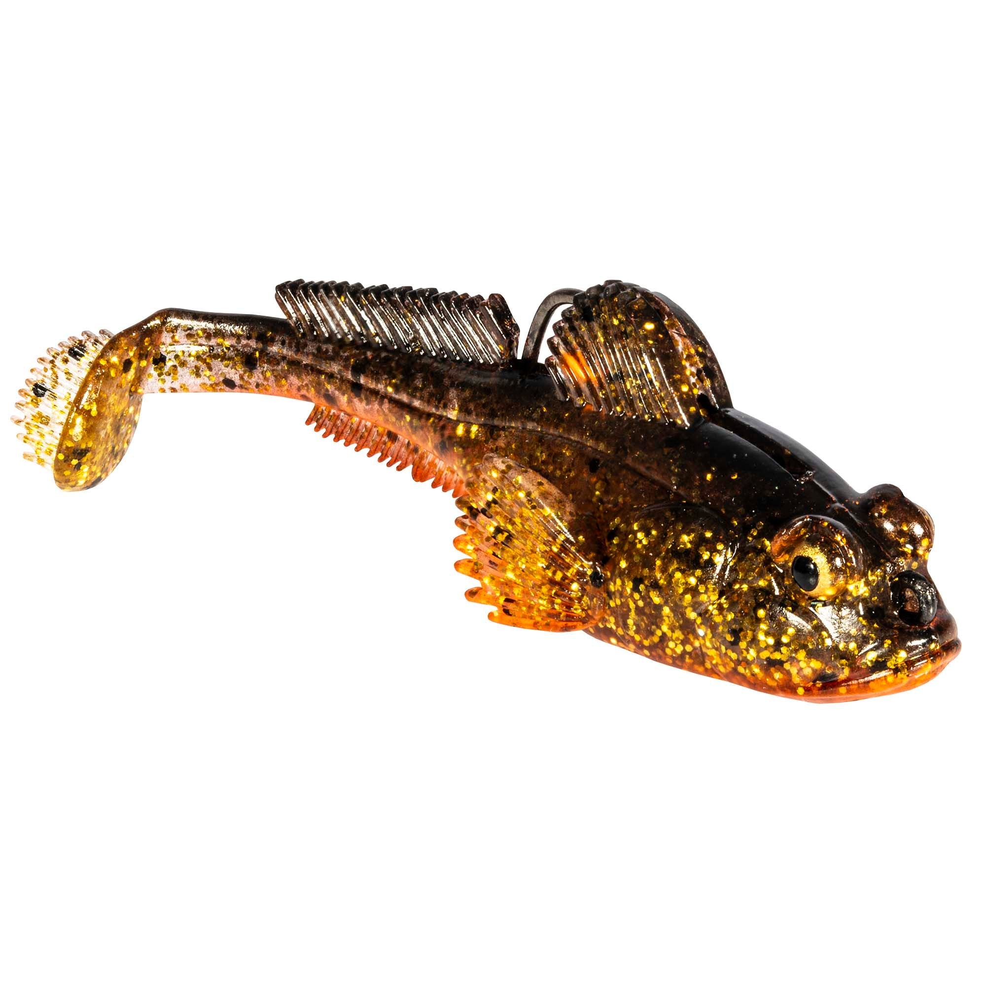 Soft plastic fish lure in black and gold glitter with bright orange belly and fins