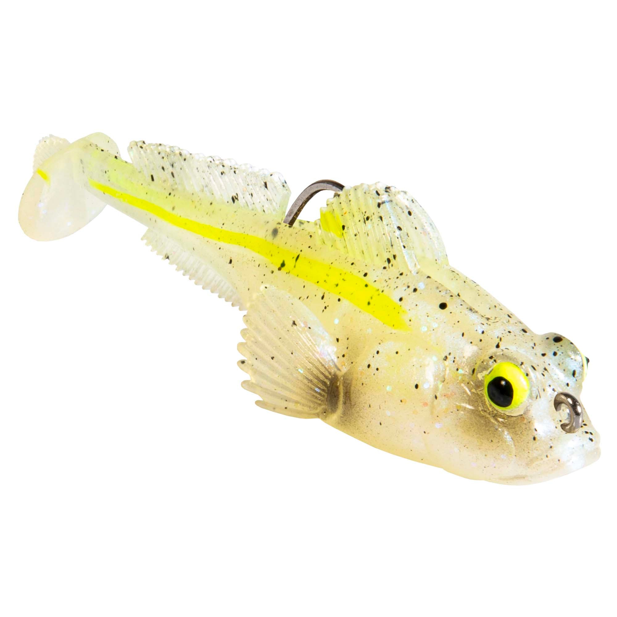 Soft plastic fish lure in pale white with neon yellow stripe and ribbed tail fins