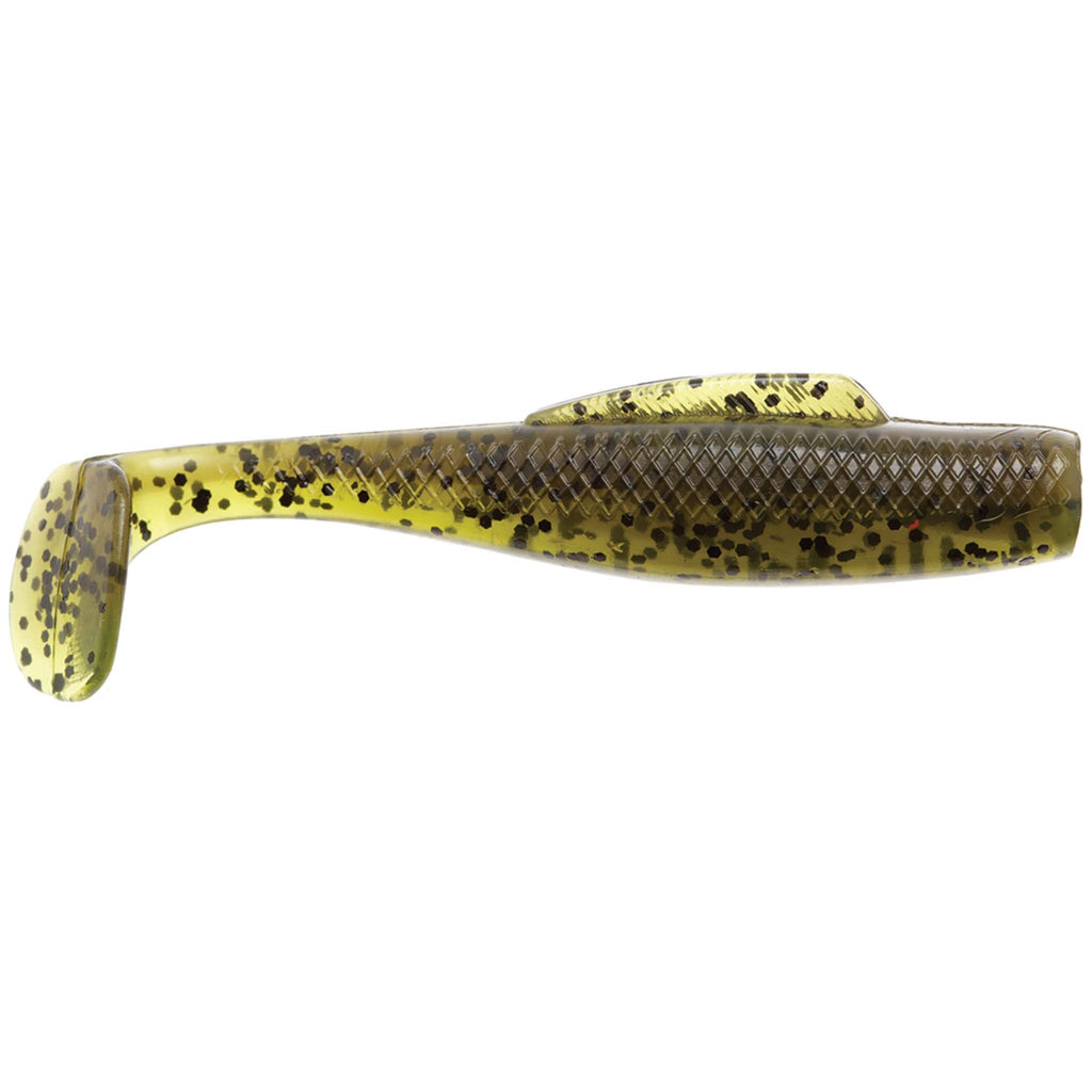 Soft plastic fishing lure, olive-gold body with dark speckles and rounded tail