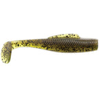 Soft plastic fishing lure, olive-gold body with dark speckles and rounded tail