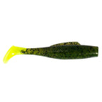 Soft plastic fishing lure, deep green body with olive speckles and neon yellow tail