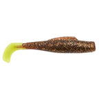 Soft plastic fishing lure, dark copper-gold glitter with neon yellow tail