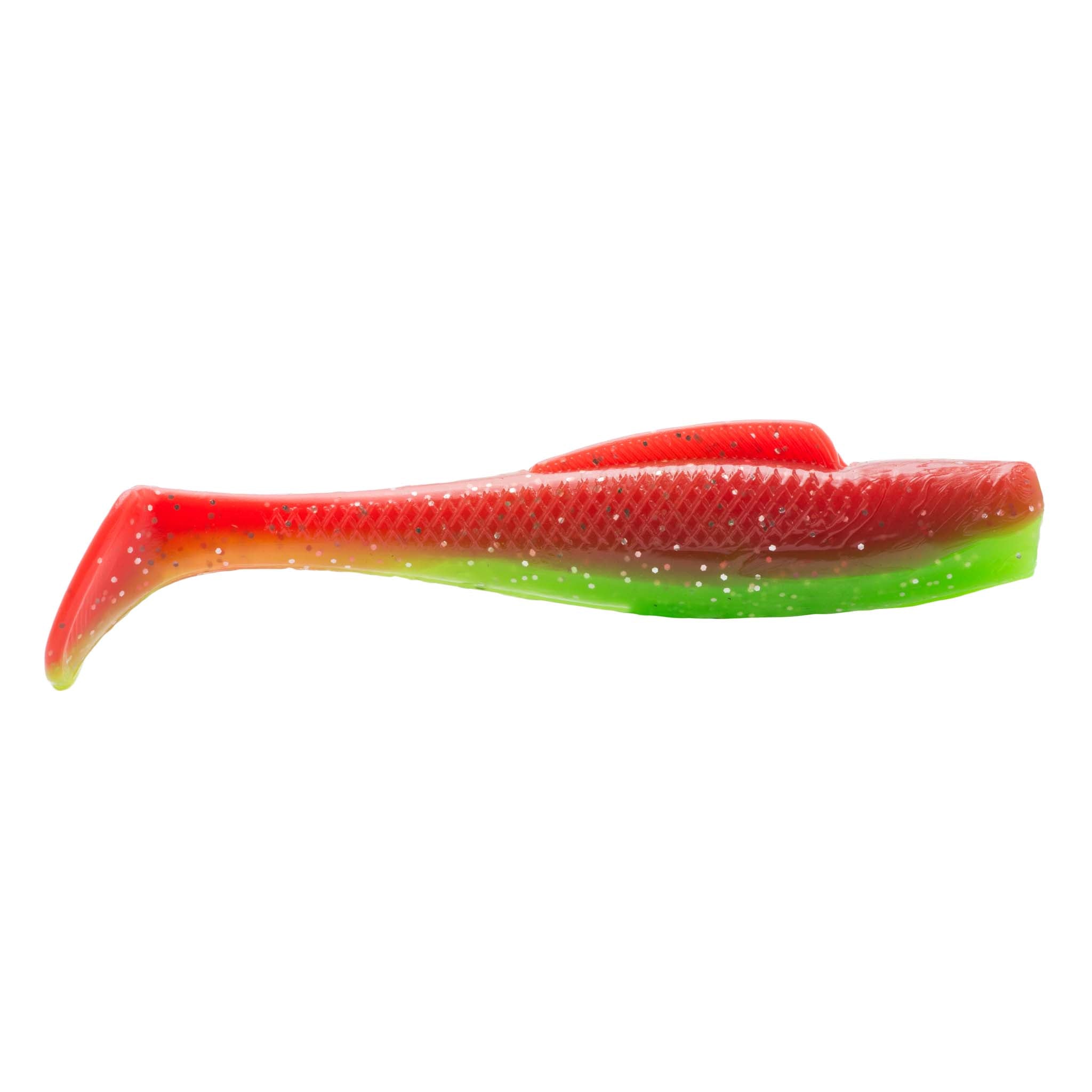 Soft plastic fishing lure, red-orange back with green belly and translucent tail