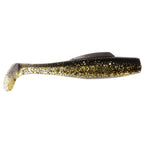 Soft plastic fishing lure, black back with gold glitter speckle and pale belly