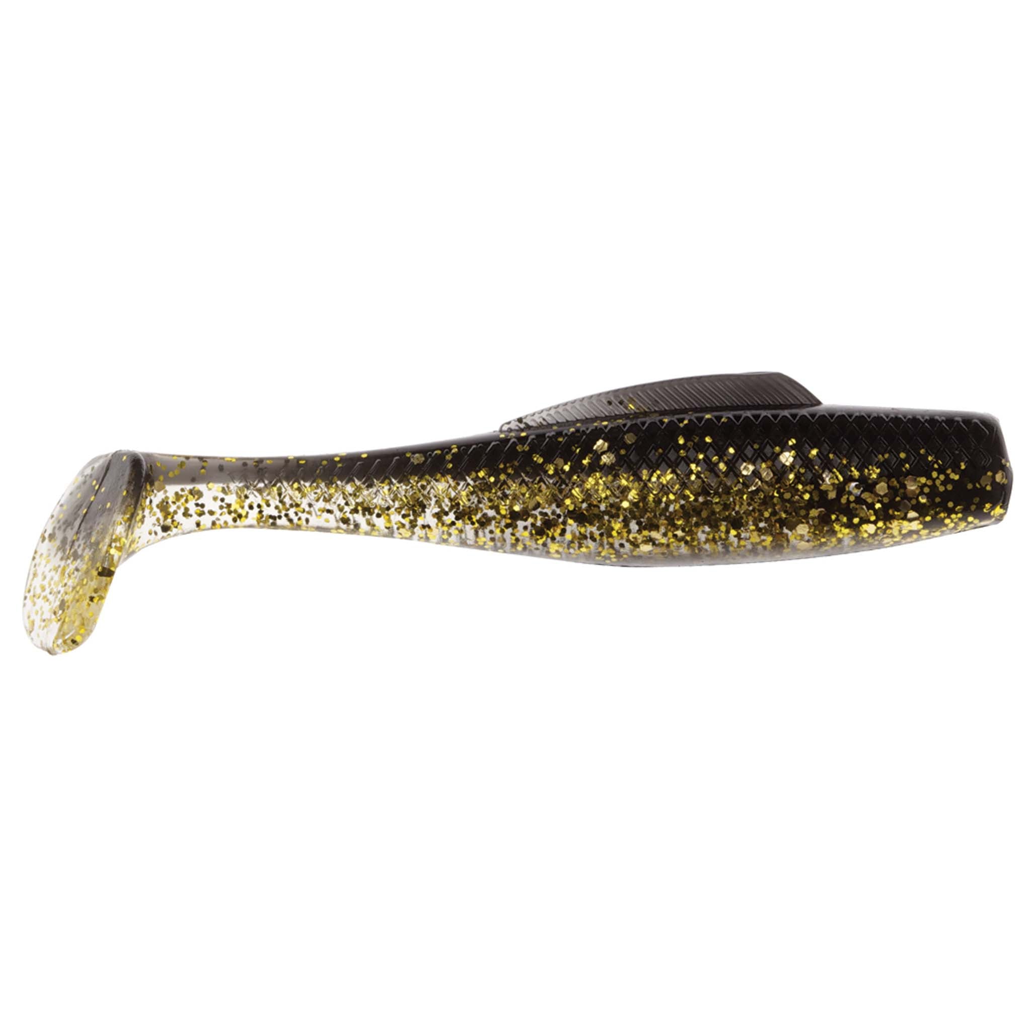 Soft plastic fishing lure, black back with gold glitter speckle and pale belly