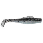Soft plastic fishing lure, silver-gray with black speckles and slightly purplish sheen