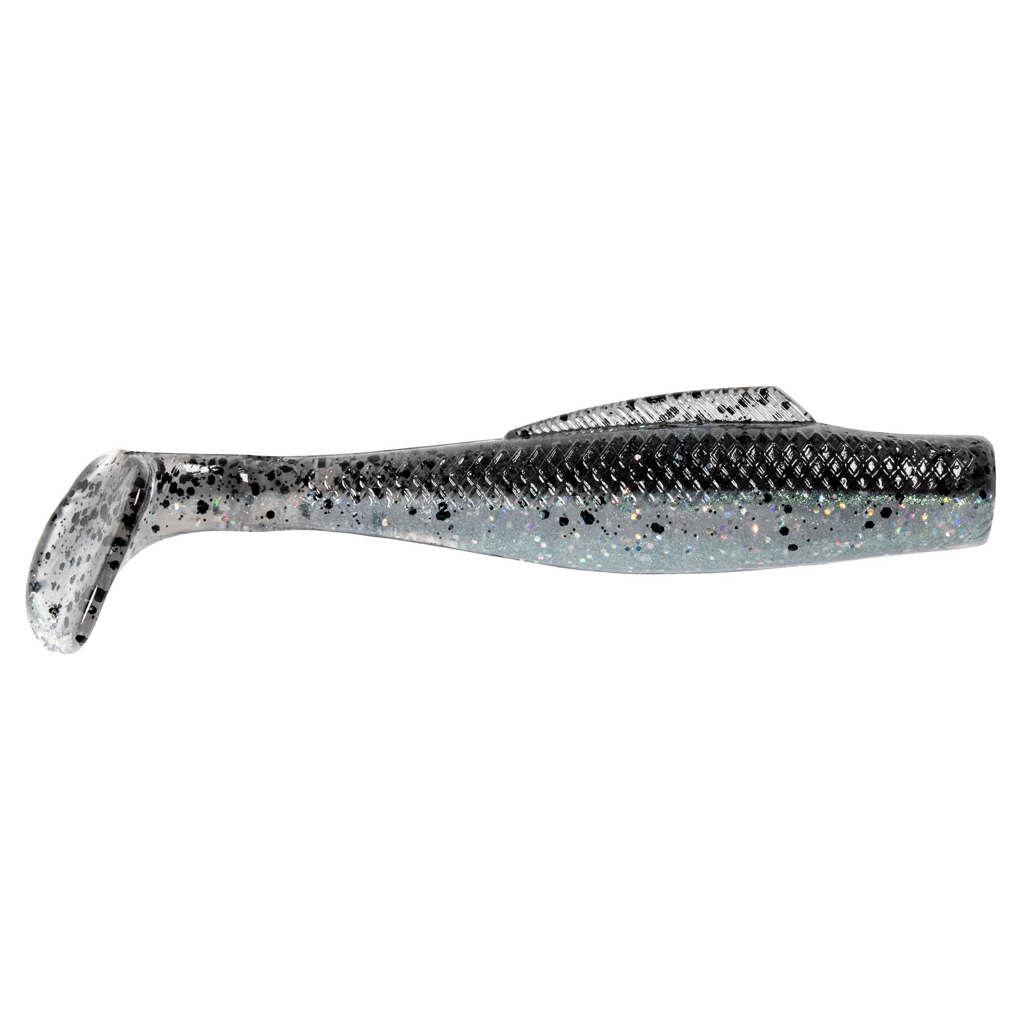Soft plastic fishing lure, silver-gray with black speckles and slightly purplish sheen