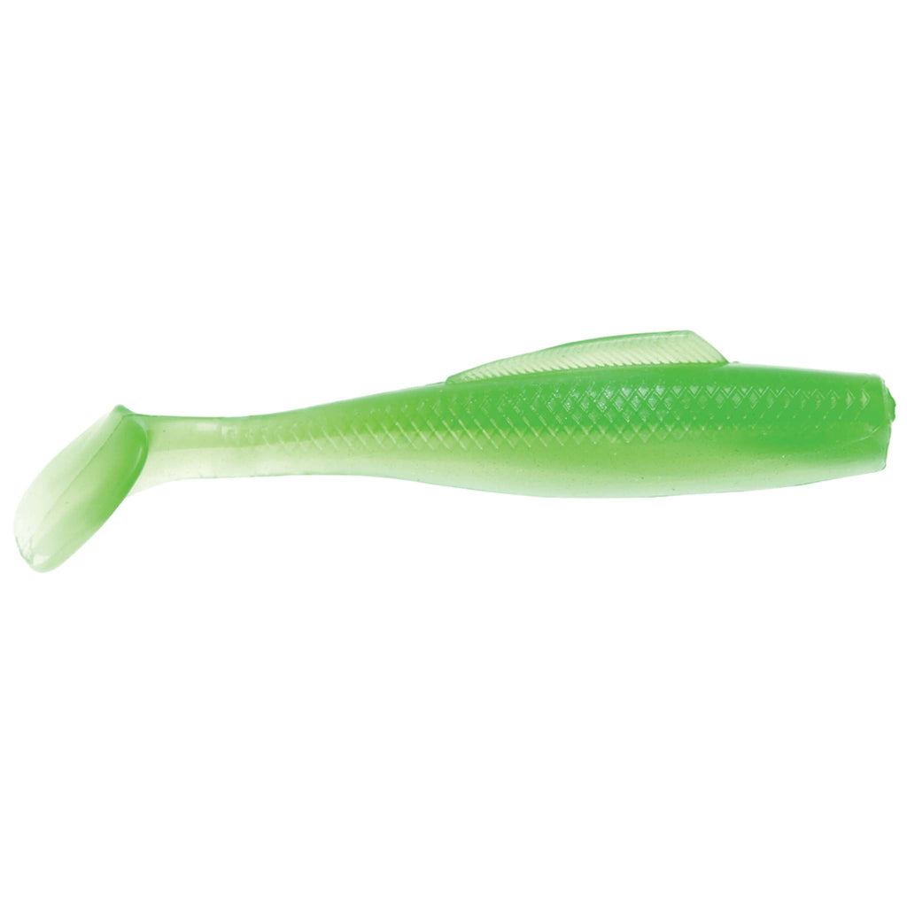 Soft plastic fishing lure, bright green translucent body with subtle pattern and rounded tail