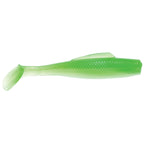 Soft plastic fishing lure, bright green translucent body with subtle pattern and rounded tail