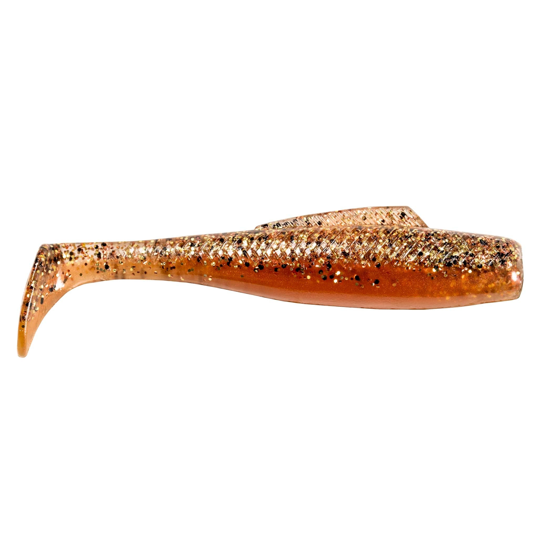 Soft plastic fishing lure, copper-orange glitter back with translucent body