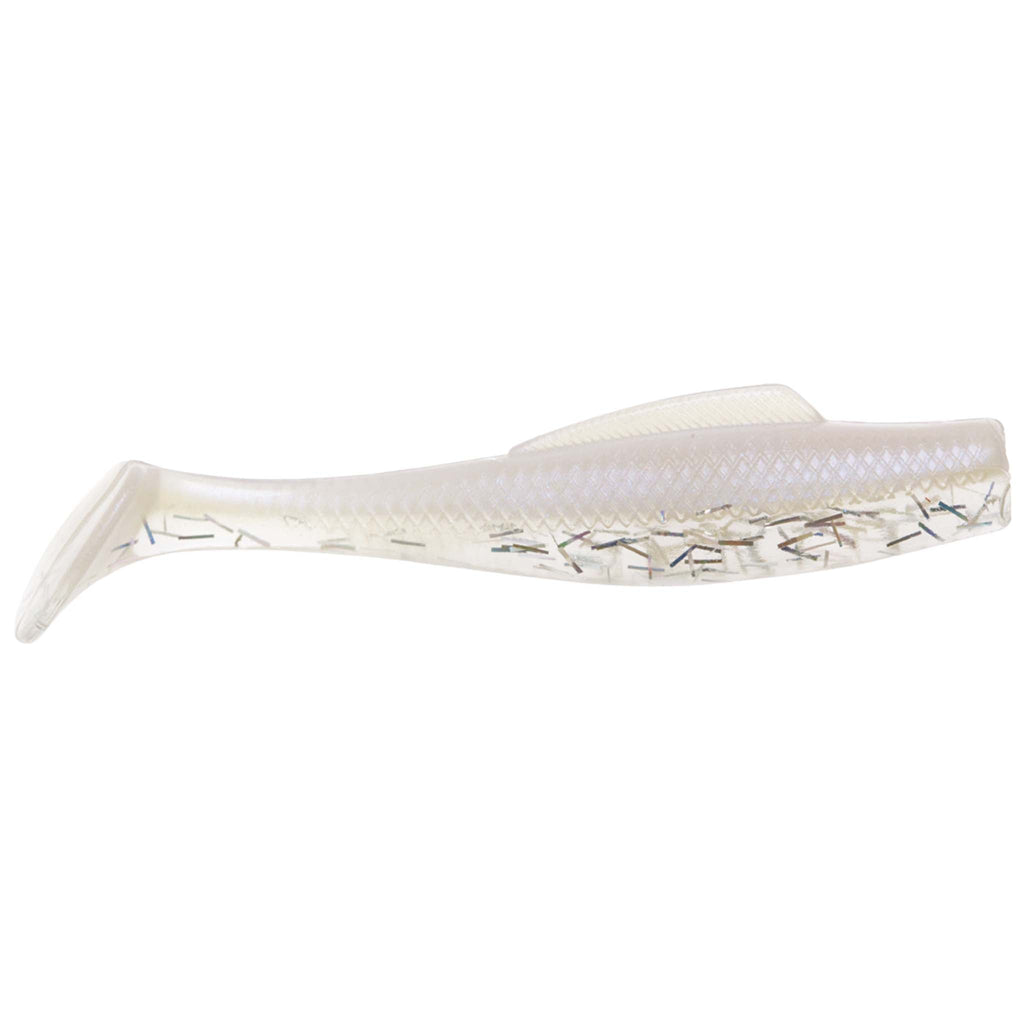 Soft plastic fishing lure, white translucent body with dark line pattern and speckle