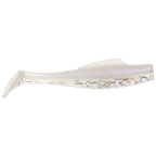 Soft plastic fishing lure, white translucent body with dark line pattern and speckle