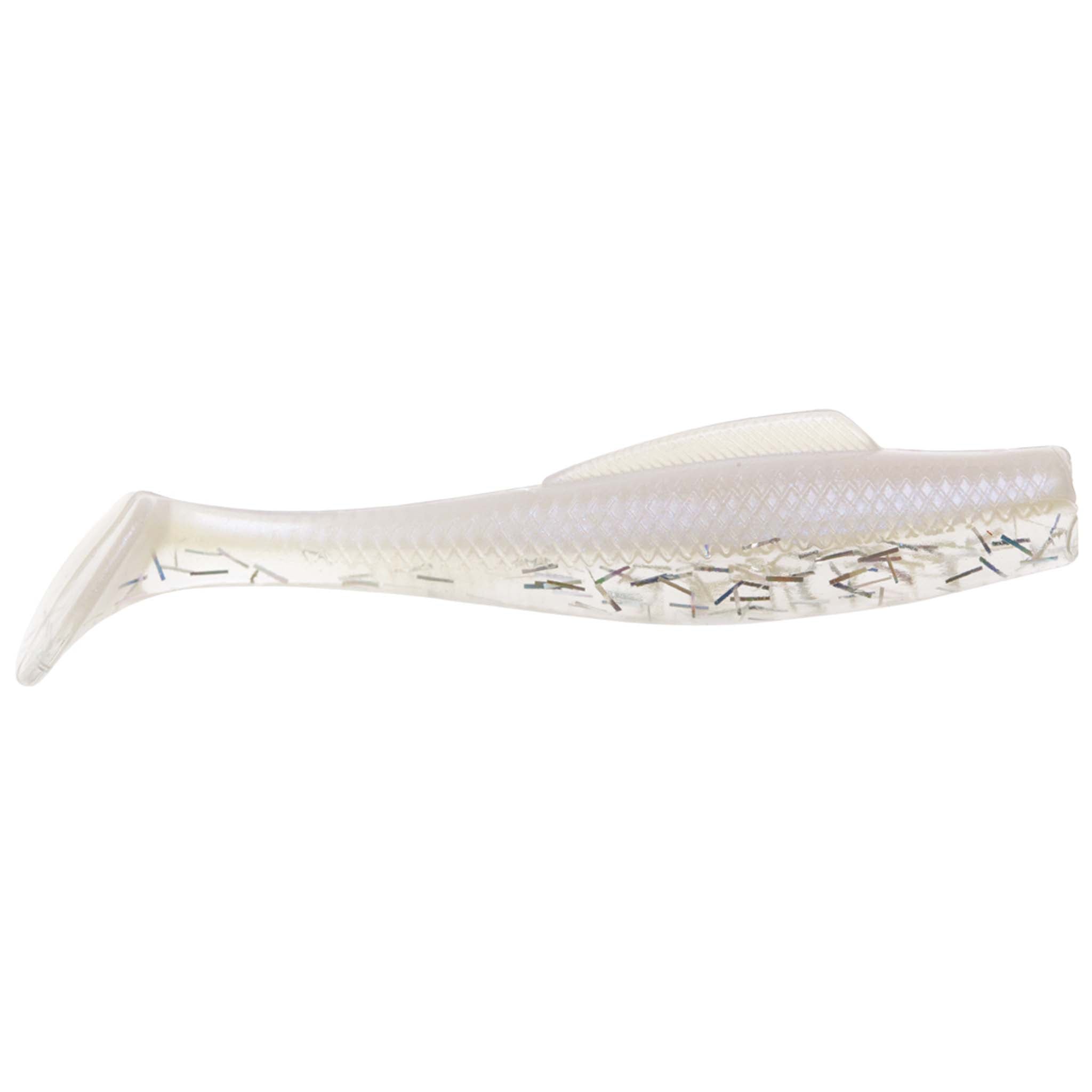 Soft plastic fishing lure, white translucent body with dark line pattern and speckle