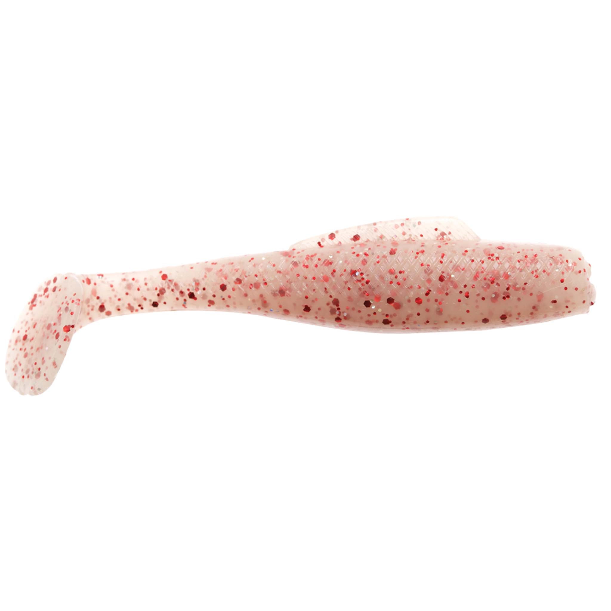Soft plastic fishing lure, pale pink translucent with red speckles and soft tail