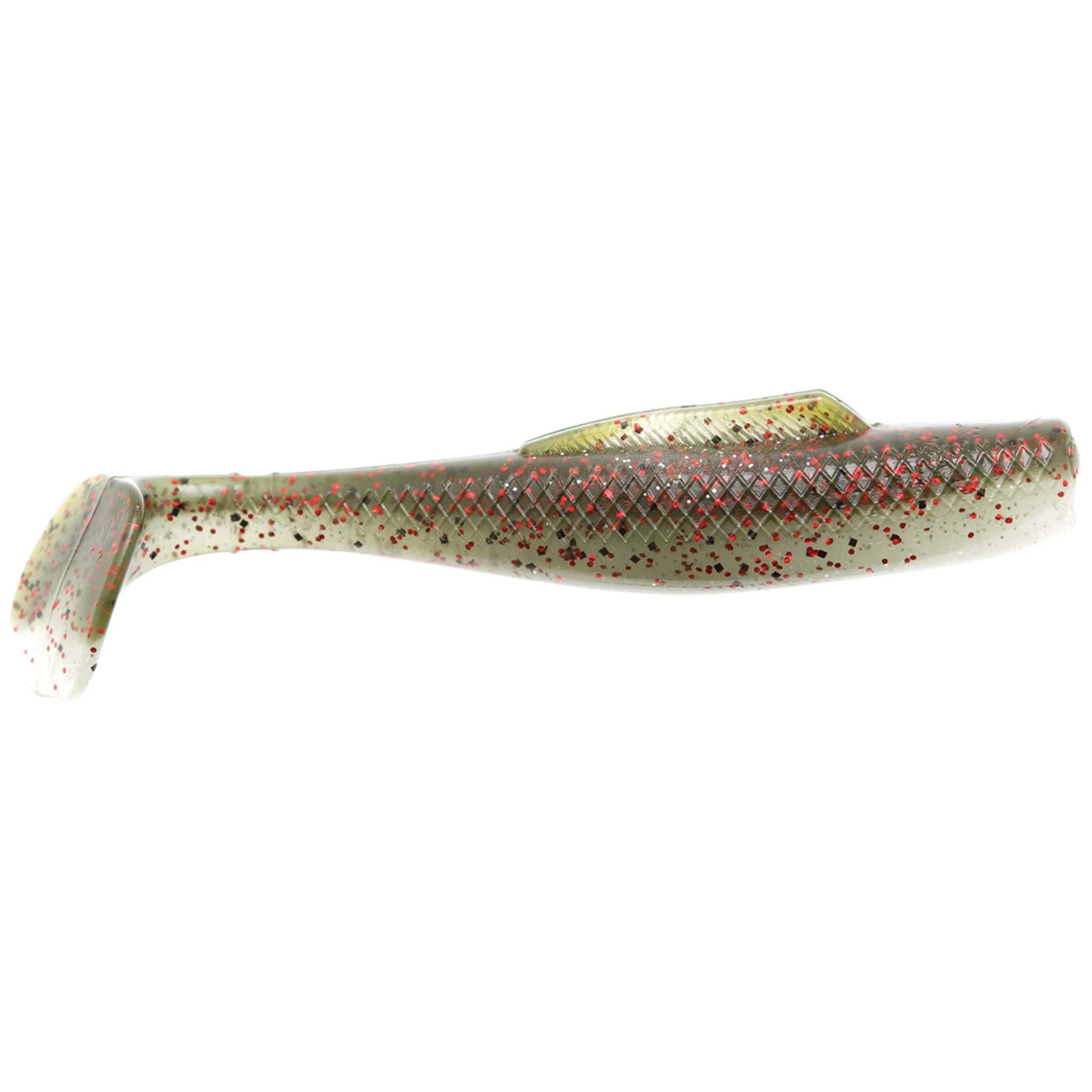 Soft plastic fishing lure, gray-green top with red speckles and translucent belly