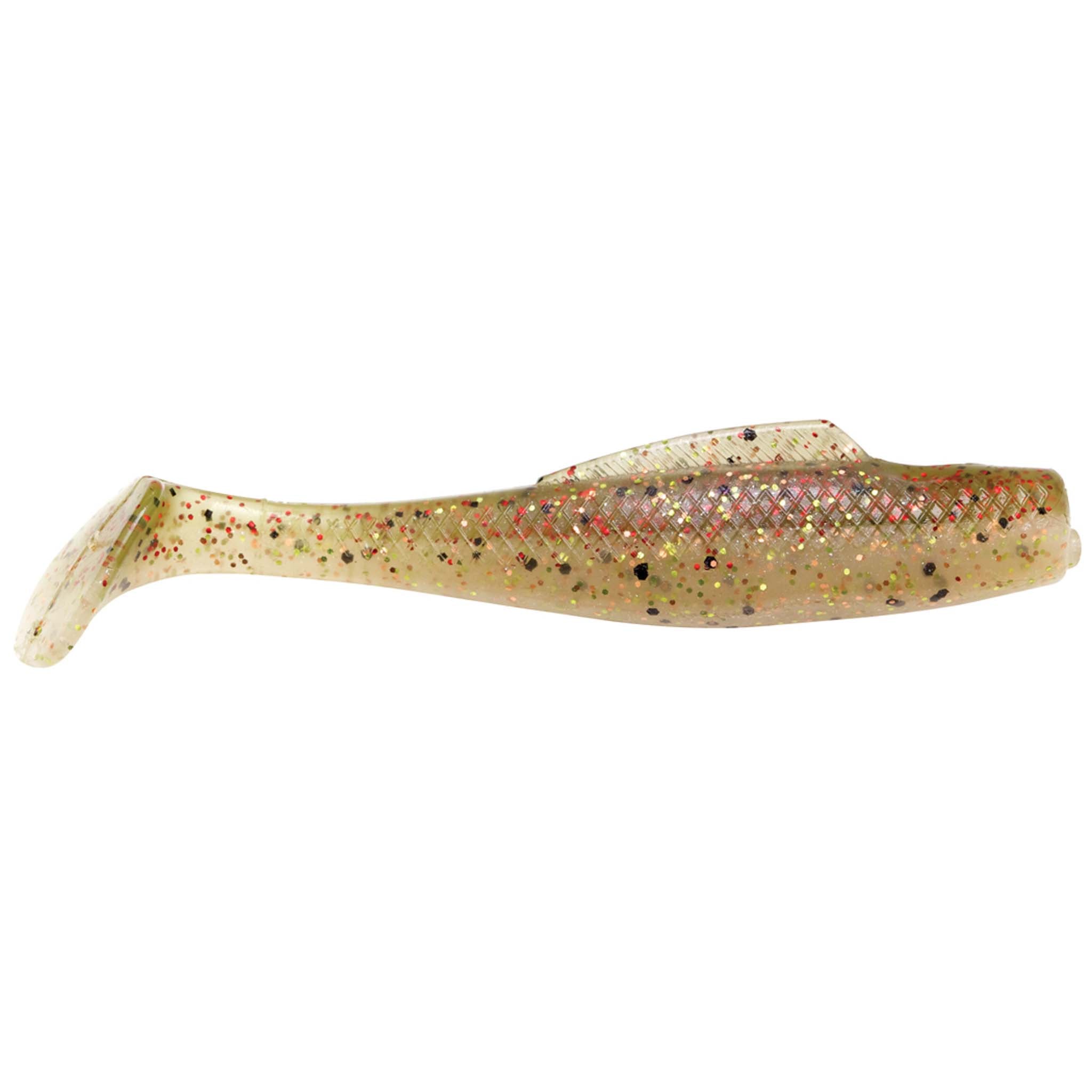 Soft plastic fishing lure, clear cream with gold speckle and small dark dots
